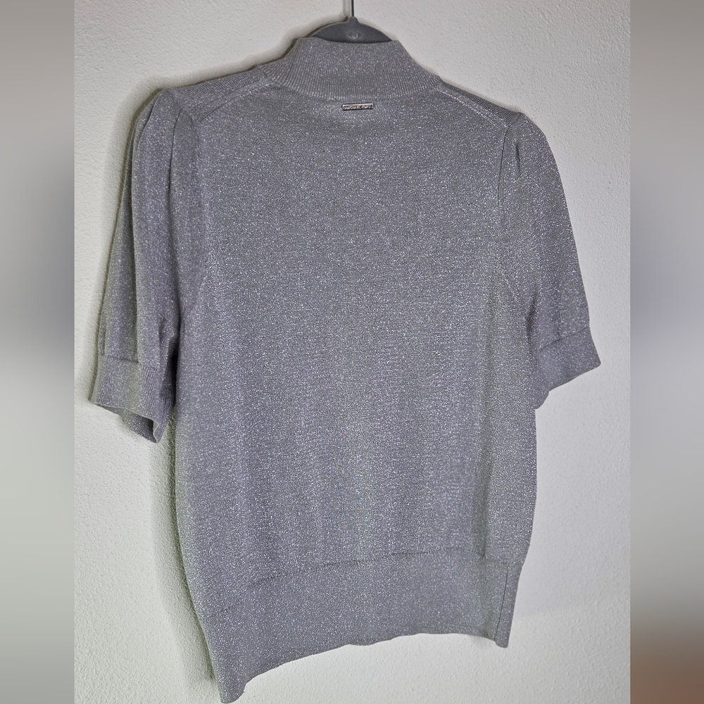 Michael Kors Metallic Silver Mock Neck Short-Sleeve Sweater - Size Large - Picture 12 of 15
